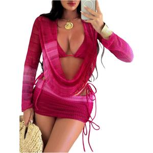 OYOANGLE Women's Bathing Suits 4 Piece Swimsuits Crochet Triangle Halter Thong Bikini Set with Cover Ups (Pink, L)