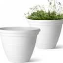 Worth Garden 15.5-Inch Dia. Round White Plastic Planters with Drain Holes, 12-Inch Height - 2-Pack Glossy Finish Bell-Shaped Plant Pot  Lightweight Indoor/Outdoor Flower Pots (15.5 Dia.)