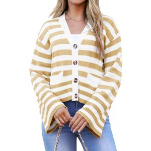 Saodimallsu Womens Striped Cardigan Sweaters Cropped Fall Button Open Front Long Sleeve Knit Sweater Coat with Pockets (Beige)