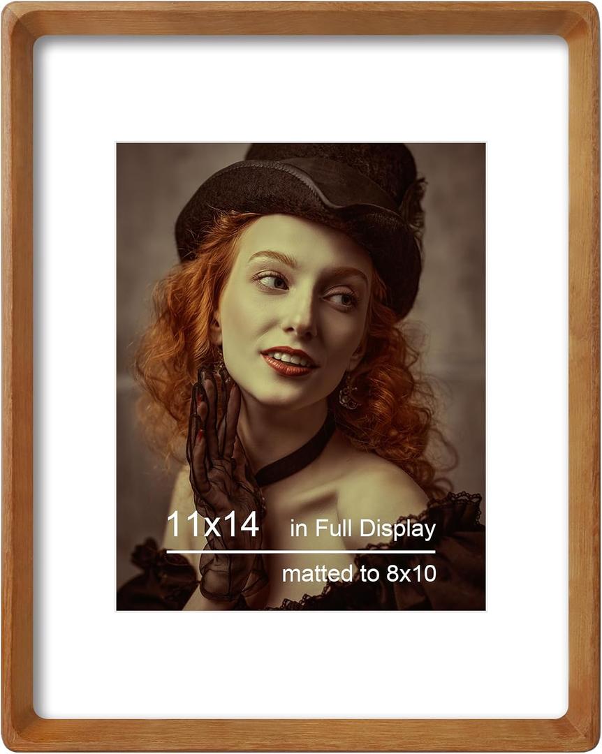 11x14 Picture Frame Natural Teak Wood with Mat for 8x10, Original Natural Solid Wood 11 by 14 Photo Frames with Tempered Glass Cover for Wall and Tabletop Display, 11x14-1Pack