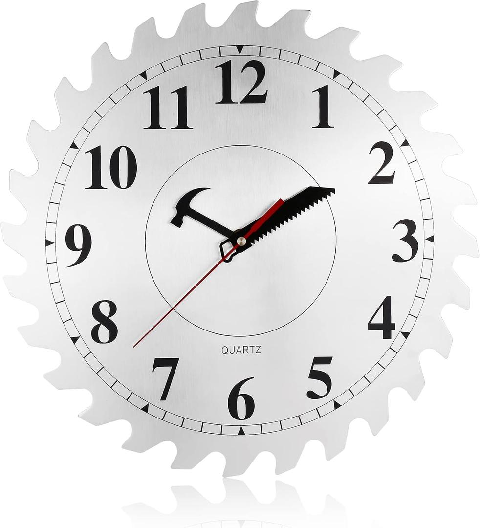 12 Inch Metal Wall Clock with Circular Saw Blade Dial, Handsaw and Hammer Pointer,Great Decor for Garage,Workshop and Man Cave (Silver)