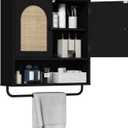 RUSTOWN Rattan Bathroom Wall Cabinet, Boho Medicine Cabinet with 2 Arched Doors, Farmhouse Over The Toilet Storage Cabinets with Adjustable Shelves & Towel Bar, 7.9"D x 23.6"W x 26.6"H