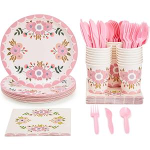 144 Pieces Pink Floral Party Supplies, Flower Plates, Napkins, Cups, Cutlery for Baby Shower, Tea Party (Serves 24)