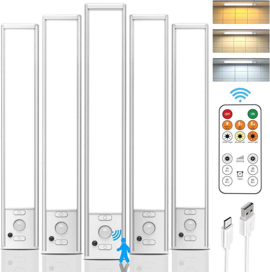Under Cabinet Lights with Remote Control, USB Rechargeable Battery 180 Lumen Motion Sensor Indoor Light,5 Pack Wireless Under Counter Light,3 Color Dimmable Closet Lighting for Kitchen,Stairs,Wardrobe (White-9 Inch)