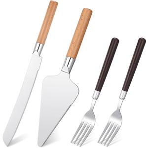 4 x LemonRoad 4 Pcs Wedding Cake Knife and Server Set Wood Cake Cutting Set for Wedding Vintage Pie Cutter Silver Dessert Utensils with Forks for Christmas Bride and Groom