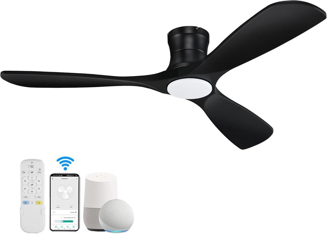 52 Smart Wood Low Profile Ceiling Fan with Lights Remote,Quiet DC Motor,Outdoor Indoor Flush Mount Ceiling Fans Controlled by WIFI Alexa App,Modern Black for Bedroom Living Room Patio Porch