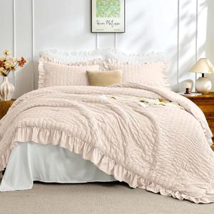 JOLLYVOGUE Ivory Queen Comforter Set, 3 Pieces Seersucker Comforters Queen Size, Lightweight & Fluffy Bedding Sets Queen for All Season with 1 Ruffle Comforter and 2 Ruffle Pillowshams