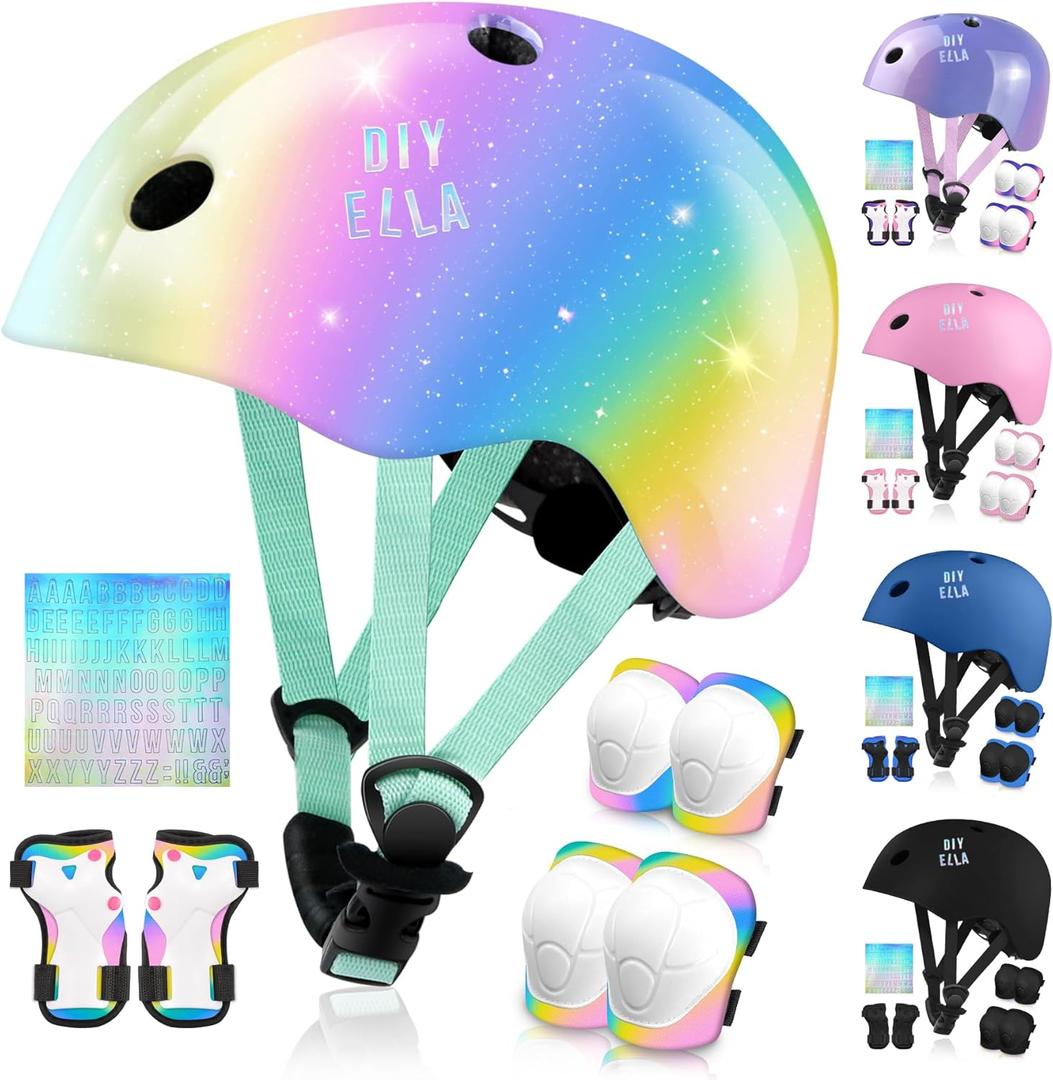 Vvinca Kids Toddlers Bike Helmet Adjustable for Ages 3-5-8 Years, Knee Pads and Elbow Pads Set Wrist Guard Sports Protective Gear Set for Roller Skate Bicycle Skateboard Scooter Girl Boy Birthday Gift (01 Rainbow)