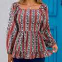 Womens Square Neck Floral Long Sleeve Tops Casual Loose Puff Sleeve Boho Work Blouse T Shirts (Medium, C1004)