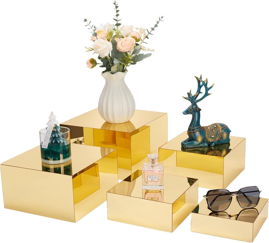 5 Pcs Acrylic Gold Risers Display Stands, Mirrored Food Risers for Buffet Table, Nesting Acrylic Cube Boxes for Jewelry Purse Perfume, Gold Cake Stand for Dessert Display Catering Supplies