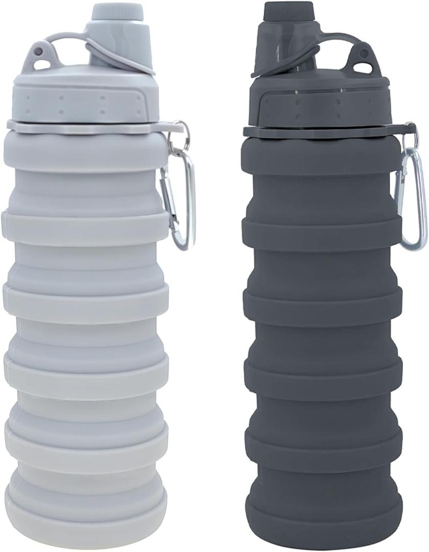 Collapsible Water Bottles Travel water bottle Sports Portable Sport Water Bottle Reusable Water Bottles comes with mountaineering Buckle 500ml silicone Water-proof camping water bottle (Light grey+Grey)