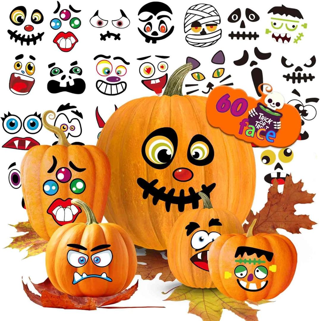 60 Pack Large Halloween Pumpkin Decorating Stickers, Make 60 Pumpkin Face Stickers for Kids Toddlers Halloween Party Supplies Party Favors Trick or Treat Gifts