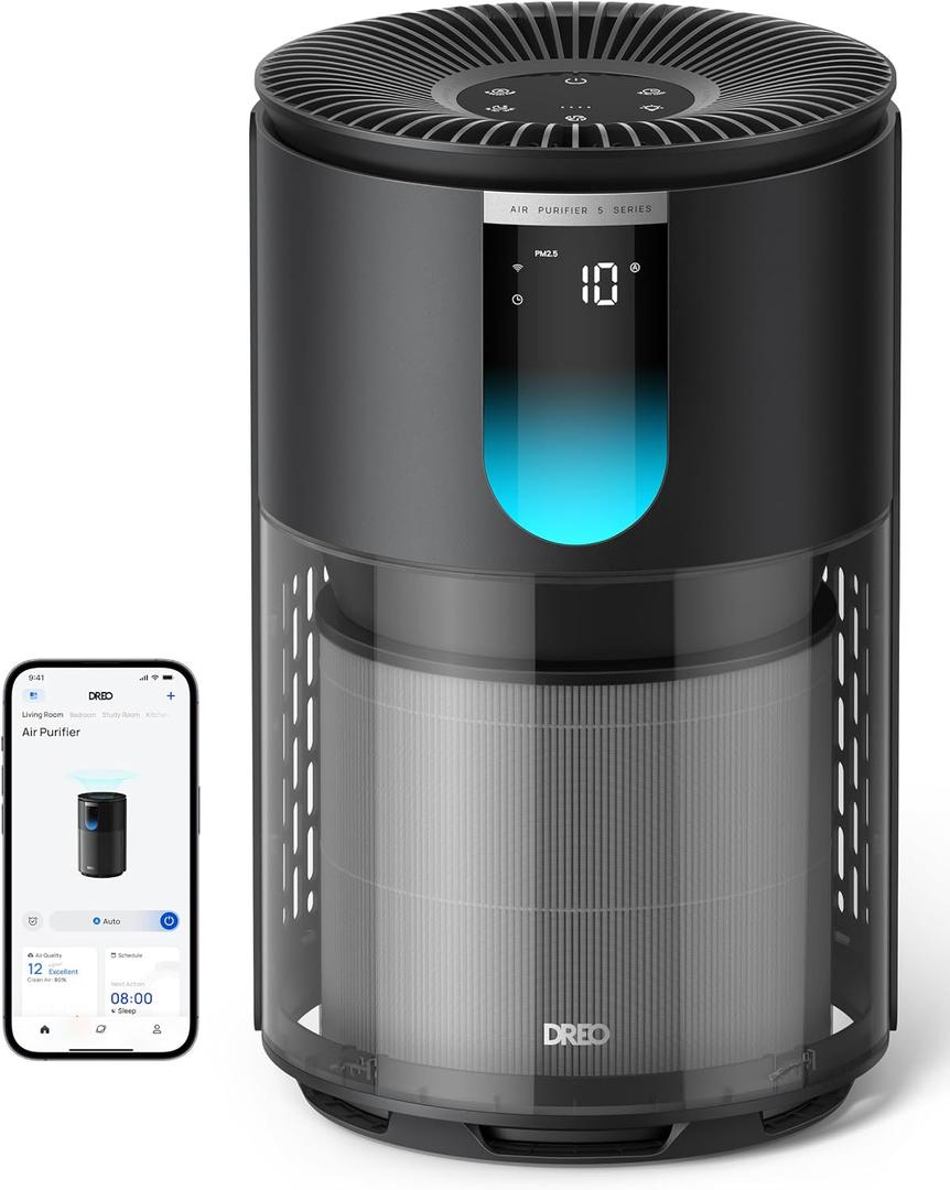 DREO Smart Air Purifier for Home, Up to 1176 ft, HEPA Sleep Mode, Air Cleaner for Large Rooms & Bedrooms, Wi-Fi/Voice/Alexa, Pets, Smoke, Dust, Pollen & Odors, PM2.5 Monitor, DR-HAP009S (Dreo 539S)