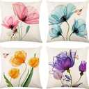 Flower Decorative Throw Pillow Covers 18x18 Inch Watercolor Floral Farmhouse Cushion Cover 4 Pcs Pink Yellow Purple Blue Tulip Pillow Case for Couch Sofa Home Decor (18" x 18" (Pack of 4), Spring_2)