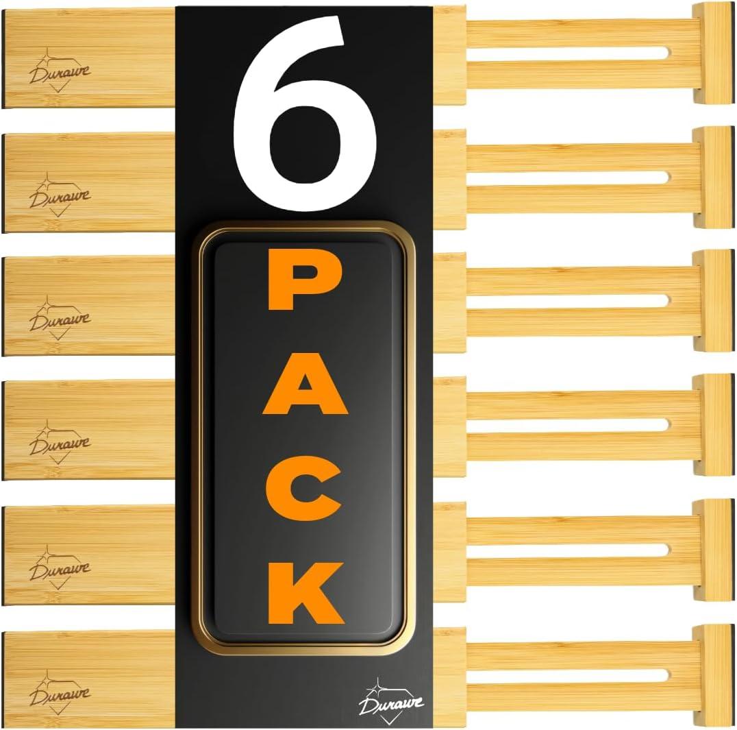 Durawe Company Adjustable Bamboo Drawer Dividers – SMALL SIZE, Expandable 12–16 inch – Spring Loaded Drawer Organizer for Kitchen, Dresser, Bathroom, Bedroom, Desk – 6-Pack
