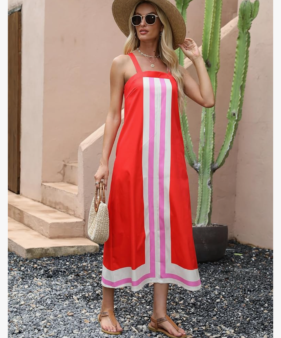 Fiona Jolin Womens Summer Maxi Dress Boho Striped Shoulder Strap Long Sundress Beach Cover Up Dress (Red-XSmall)