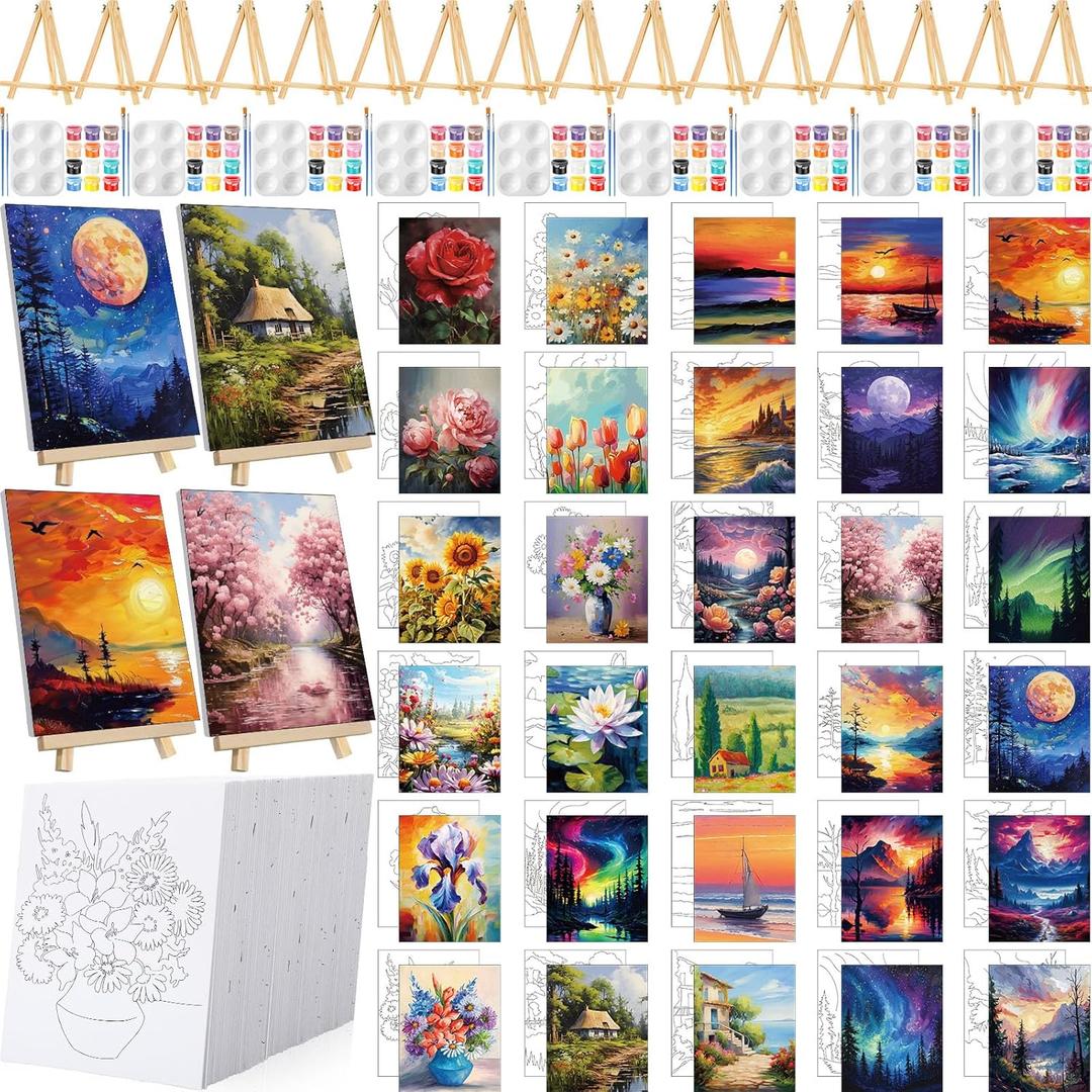 VioraWhite 30 Set Pre Drawn Canvas for Painting for Adults Sip and Paint Kit with Easels 8 x 10 Inch Summer Pre Printed Canvases with Paints Brushes Palette for Party DIY Gift(Astronomical Landscape)