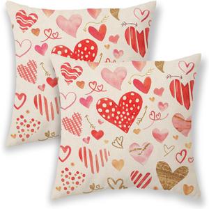 Valentines Pillow Covers 20x20 Inch 2 Pcs, Red Golden Love Heart Decorative Throw Pillows for Couch, Valentine's Day Anniversary Outdoor Decor Pillowcase Linen Cushion Cover for Bed Sofa