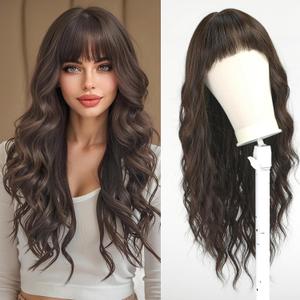 Esmee Long Wavy Black Brown Wig for Women Natural Synthetic Hair Heat Resistant Wigs with Fringe