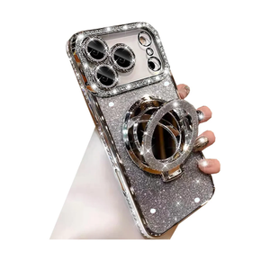 Changjia Magnetic Kickstand Glitter Case for iPhone 17 Pro Max,[Compatible with Magsafe] Cute Bling Sparkly Rhinestone with Camera Protector Makeup Mirror Women Girls Case for iPhone 17 Pro Max,Silver