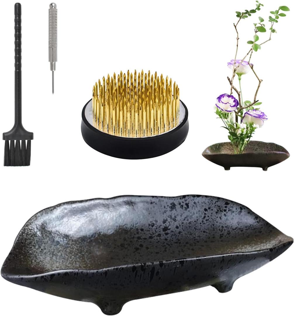 WANDIC Flower Arranging Supplies, Boat Shaped Ceramic Ikebana vases with 4cm Round Flower Frog for Ikebana Floral Arrangement Art Home Decoration, Black Spotted