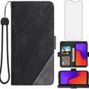 Asuwish Compatible with Tracfone BLU View 2 B130DL Wallet Case and Tempered Glass Screen Protector Flip Card Holder Stand Cell Accessories Phone Cover for BLUE View2 BLUView Two 4G LTE Women Men Black