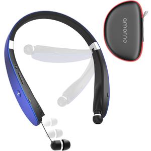 AMORNO Foldable Bluetooth Headphones Wireless Neckband Headset with Retractable Earbuds, Sports Sweatproof Noise Cancelling Stereo Earphones with Mic (Blue)