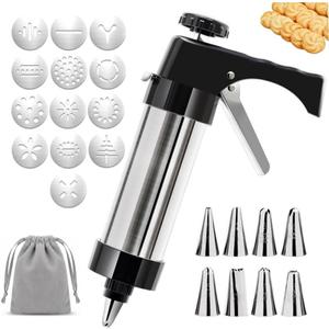 Stainless Steel Cookie Press Gun Kit with 13 Cookie Discs & 8 Piping Tips, Includes Storage Bag for DIY Holiday & Everyday Baking,Essential Baking Supplies