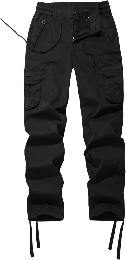FOURSTEEDS Women's Mid Rise Drawstring Elastic Waist Multi-Pocket Outdoor Sport Cotton Camping Hiking Cargo Pants (X-Large, #776 Black)