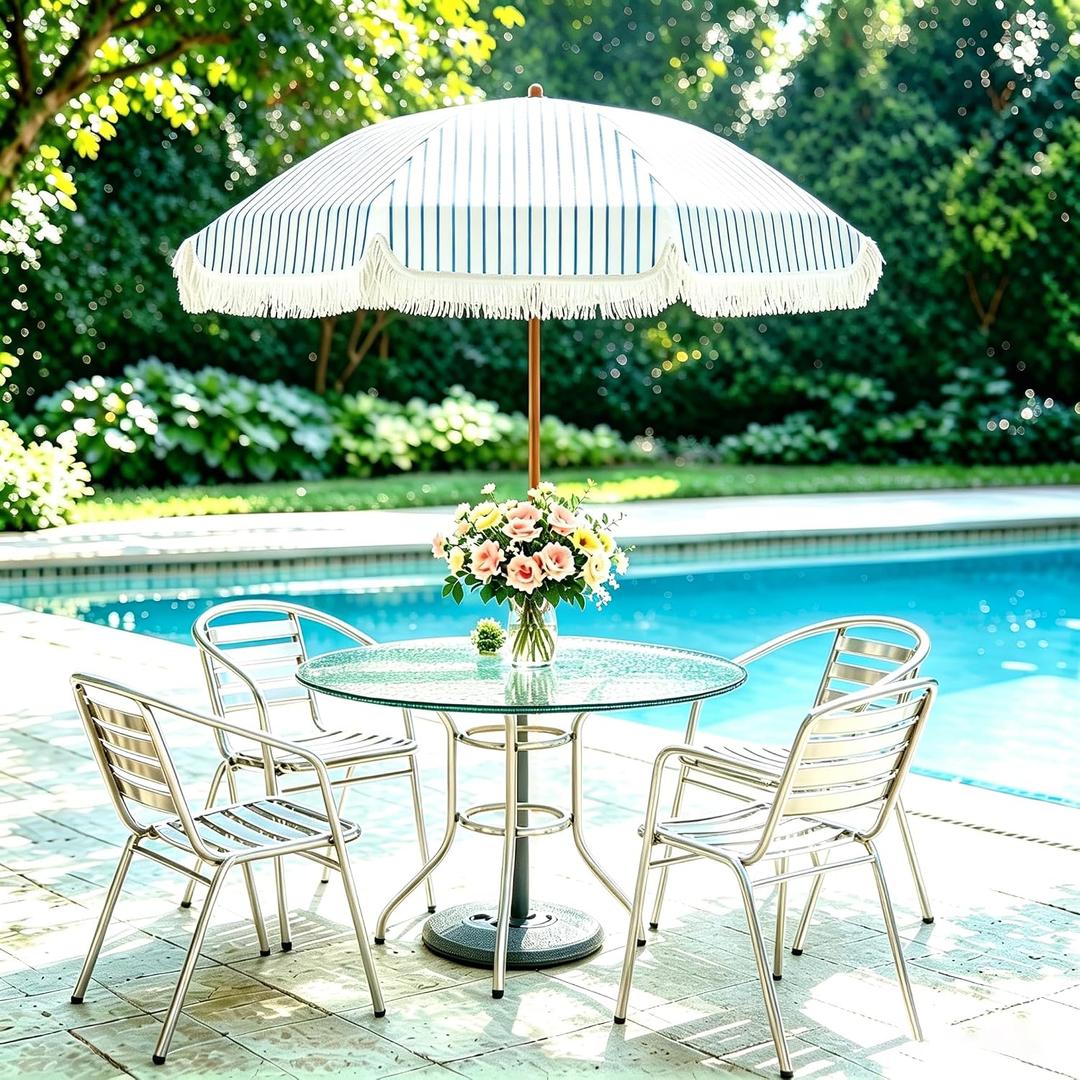 Aoxun 7ft Patio Umbrella with Fringe,Outdoor Beach Umbrella with Aluminum Pole, Ribs Push Button Tilt and Carry Bag, UV 50+ Picnic Tassel Umbrella (Blue&White)