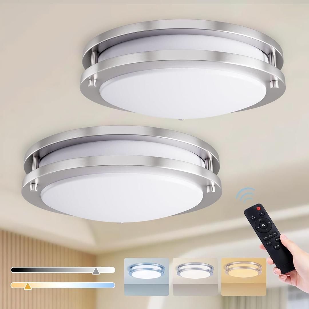 Kalium LED Ceiling Light with Remote 2 Pack 16 Inch Flush Mount Ceiling Light Fixture,32W 3000K-6000K Adjustable Color Temperature, Dimmable Lighting Fixtures for Kitchen Bedroom Hardwired Installation (2Pack Brushed Nickel)