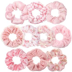 10 Pcs Hair Scrunchies for Women Satin Silk Scrunchies Fluffy Fuzzy Flower Plaid Bubble Hairties Bulk Elastic Hair Accessories for Women Gift (Pink)