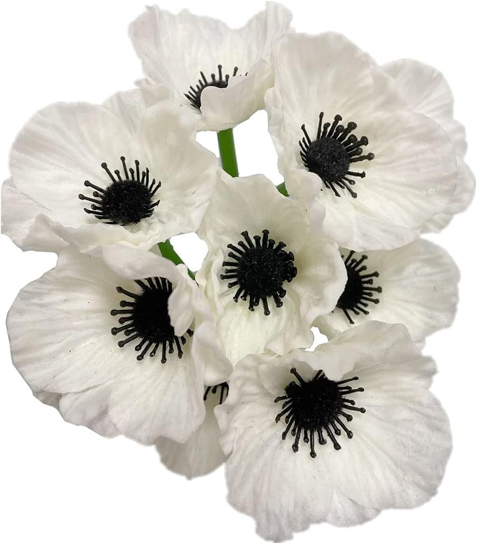Rikyo 10 Stem 11" Bouquets Artificial Flowers Poppy Flowers,No Fade Faux Anemone Wild Flowers for Kitchen Table Centerpiece Vase,Home Greenery Wedding Holding Flowers Backdrop Arch Wall(White)