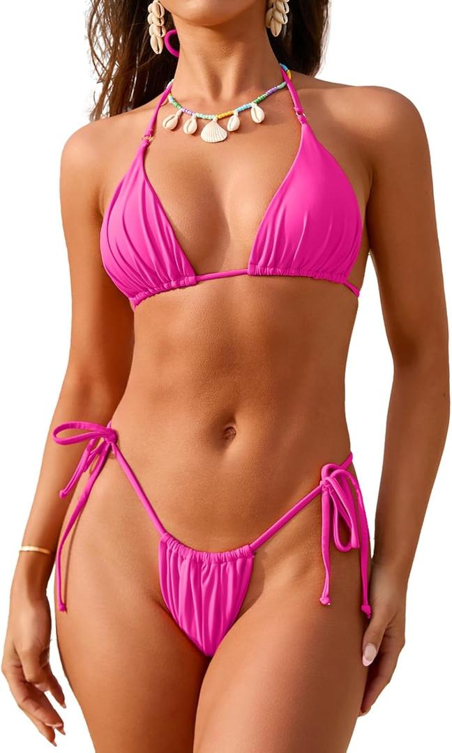 Womens Triangle Thong Two Piece Bikini Set Sexy String Bathing Suit Swimsuit Swimwear (Small, Pink)