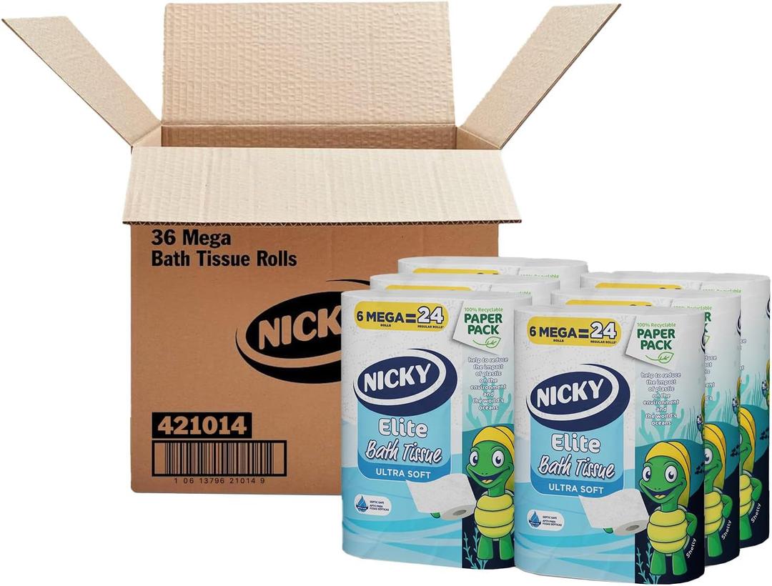 Nicky Elite Toilet Paper with Recyclable Paper Packaging, 36 Ultra Soft Mega Rolls = 144 regular rolls