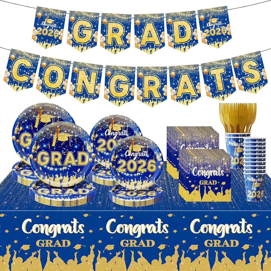 123 Pcs Blue And Gold Graduation Decorations 2026,Graduation Decorations 2026 Deals Set Include Tablecloth , Paper Plates, Cups,Forks, Napkins, Grad Banner Is Suit For Any Grad Party.