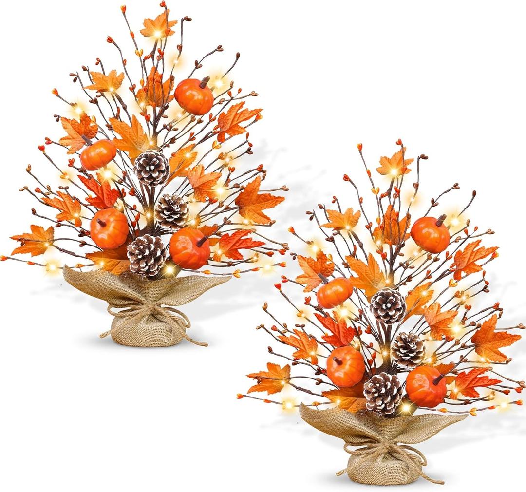 Timer - 2 Pack 18 Inch Lighted Fall Tree Thanksgiving Decorations, Fall Maple Tree with Pumpkins Pinecones 40 LEDs Battery Operated, Artificial Tabletop Trees for Thanksgiving Table Decor Home Indoor