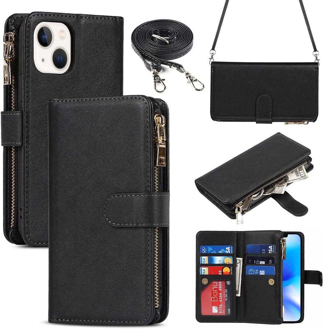 iCoverCase Compatible with iPhone 14 Crossbody Case with Strap for Women, Wallet Phone Case with Card Holder, Zipper Purse PU Leather Flip Cover Case 6.1 Inch (Black) (Not Detachable (Long Strap)--Black)