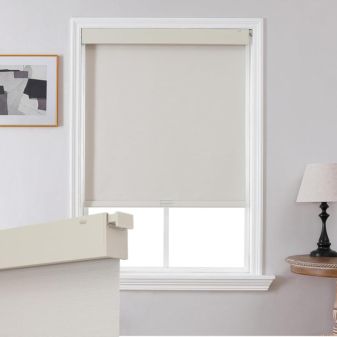 Joydeco No Drill Blackout Shades, Free-Stop Cordless Roller Shades, UV Protection, Thermal Insulated Blinds for Indoor Windows, Easy Install Window Blinds for Home and Office (Beige, 31" W x 75" H)