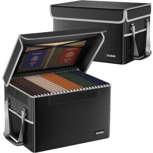 DocSafe File Box Fireproof File Storage Organizer with Lid,Collapsible Document Storage Filing Case for Hanging Letter/Legal Folders,Portable Home Office Safe Cabinet with Handle,Black,2 Pack
