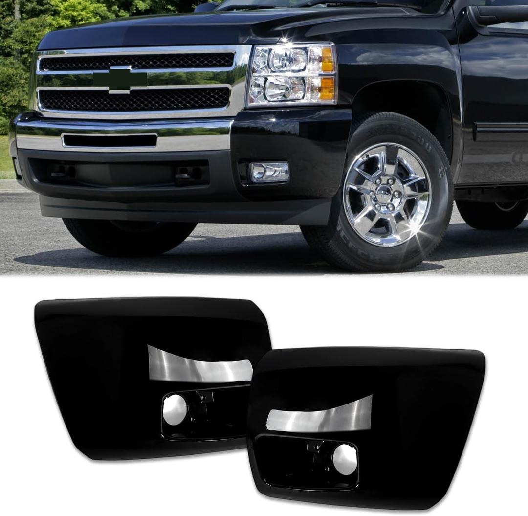 Front Bumper End Caps Set for 2007-2013 Chevy Silverado 1500 | Gloss Black Bumper Cover, 07-13 Silverado Bumper Ends W/Fog Light Hole, Replace for 15891682,GM1005147,15891681,GM100414