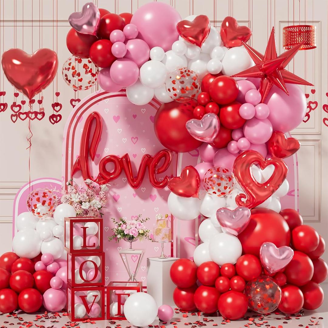 Bonropin 156pcs Valentines Day Balloon Arch Garland Kit with Pink White Red Confetti Heart Balloons Love Foil Balloons Explosion Star Balloons Rose Petals for Anniversary Wedding Romantic Decorations