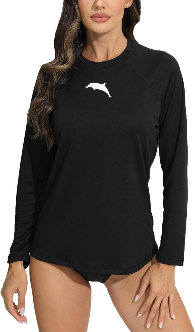 Halcurt Women's Long Sleeve Rash Guard Swim Shirt with Built in Bra Lightweight UPF50+ Quick Dry Swimsuit Top (Black, XXL)