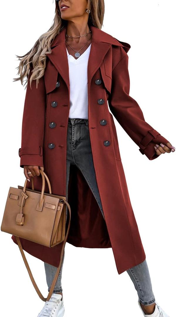 Fisoew Women's Double Breasted Long Trench Coat Windproof Classic Lapel Belted Overcoat with Pockets (Wine Red) S 