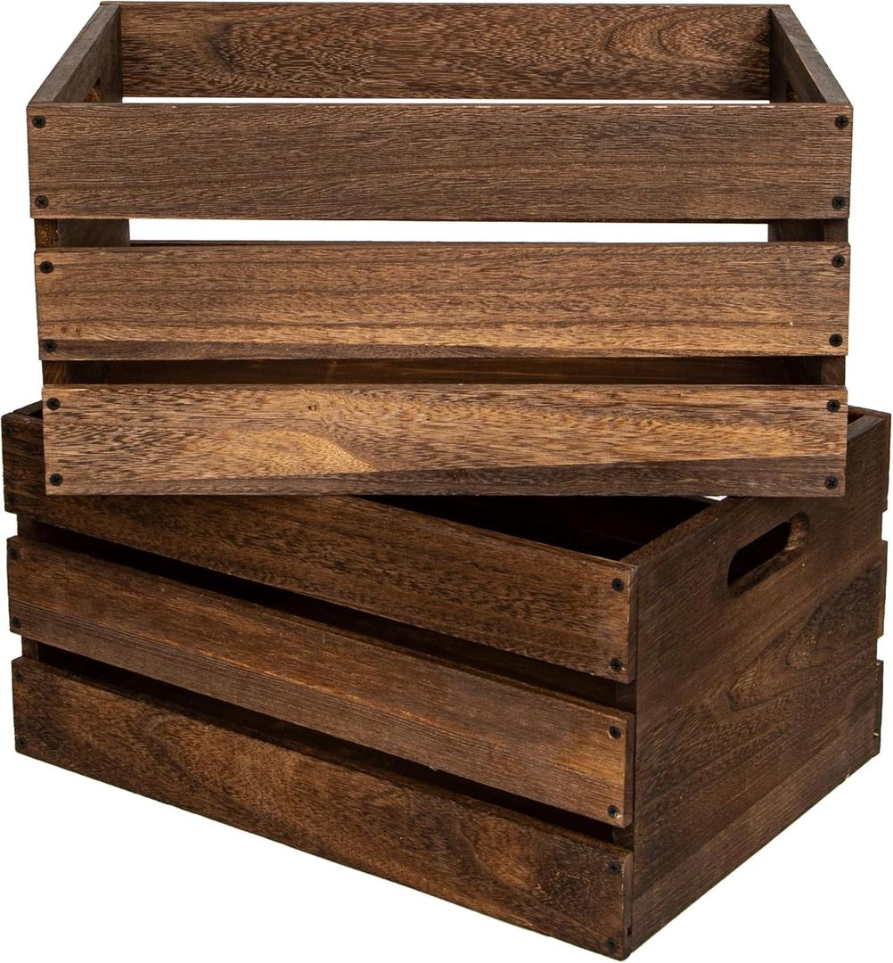 2 x 20" L Oversize Wooden Crates For Storage, Wood Milk Crates Of Farmhouse Vintage Brown ,Vinyl Record Storage Crates,Extra Large Size Rustic Decration Wood Storage Crates (Vintage Brown)