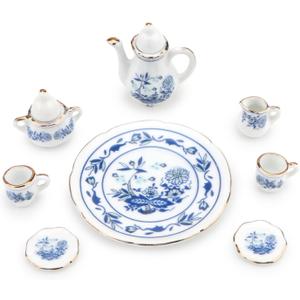 Dollhouse 1:6 Porcelain Tea Cup Sets 8 Pcs Set Miniature Ceramics Dollhouse Accessories Flower Pattern Teapot Platter Dish Sets Dollhouse Kitchen Supplies Decoration (Blue)