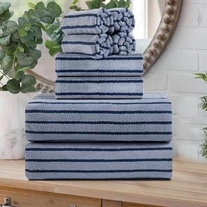 8 Pcs Navy Cabana Stripe Large Bath Towel Set Oversized Bath Sheet 2 Bathroom Towels,2 Hand Towels,4 Washcloths Soft Jumbo Towels Absorbent Shower Towel Quick Dry Beach Chair Spa Gym Hotel Towel Set