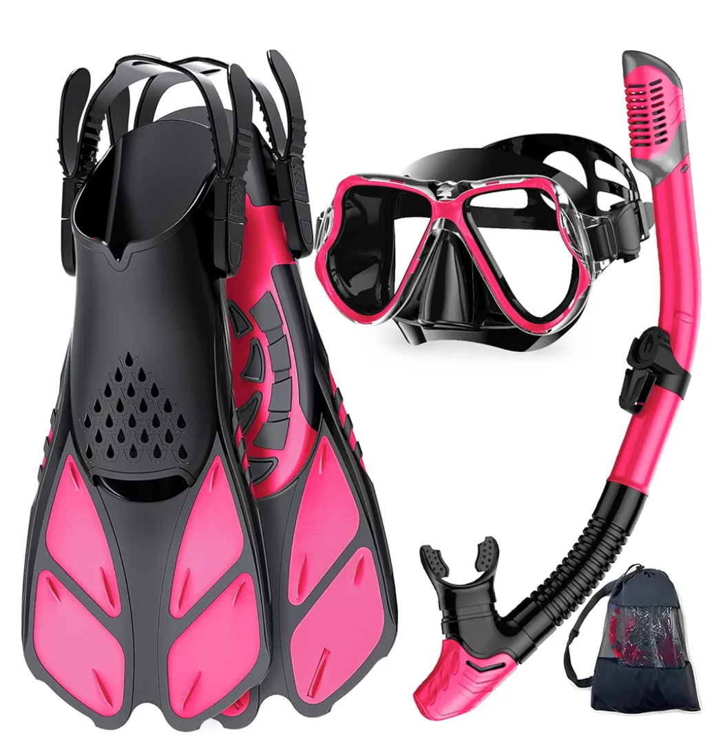 Zenoplige Mask Fins Snorkel Set, Snorkeling Gear for Adults, Panoramic View Snorkel Mask Anti-Fog, Adjustable Dive Flippers, Dry Top Snorkel and Travel Bag, Scuba Gear for Swimming Snorkeling Diving Size S/M
