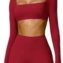ABOCIW Women Square Neck Long Sleeve Workout Crop Top Low, Medium Impact Athletic Yoga Gym Shirts with Built in Bra(ONLY TOP) (Cherry Red)