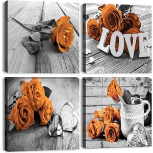 Burnt Orange Canvas Wall Art Flowers Pictures Wall Decor for Living Room Vintage Rose Paintings Bathroom Decor Rustic Farmhouse Floral Posters Modern Artworks Kitchen Home Decorations 12x12 4Pcs